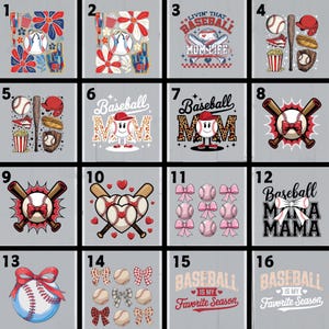 May include: A collage of 16 different designs featuring baseball-themed graphics. The designs include baseballs, bats, bows, hearts, and text such as "Baseball Mom Life" and "Baseball is my favorite season".