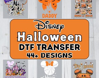 May include: A collection of Disney Halloween DTF transfer designs. The image features various designs with Mickey Mouse ears, bats, and Halloween-themed characters. The text includes "Disney Halloween DTF TRANSFER 44+ DESIGNS".