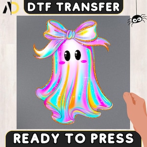 Iridescent Ghost DTF Transfer, Coquette Bow Ghost Iron-On Decal, Girly Halloween Heat Transfer, Cute Ghost Ready to Press