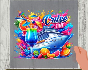 Cruise Time DTF Transfer, Cruise Ship Summer Iron-On Decal, Ready to Press Heat Transfer, Tropical Drink Graphic