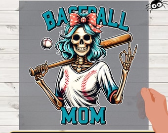 May include: DTF transfer design featuring a baseball-themed skeleton mom. The skeleton has blue hair, a red bow, and is holding a baseball bat. The design includes the words "Baseball Mom" and "Ready to Press."