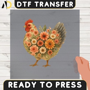 Floral Chicken DTF Transfer, Cute Farm Animal Heat Press, Flower Chicken Iron-On Decal, Ready to Press, Wildflower Chicken Design