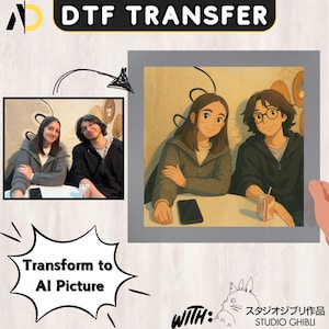 Custom Studio Ghibli Picture DTF Transfer, Custom Couple AI Photo Iron On Decal, Custom Anime Couple Portrait DTF Print, Hand-Drawn Design