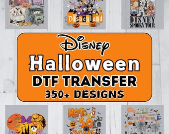 May include: A collection of Disney-themed Halloween DTF transfers featuring various character illustrations, including Mickey Mouse, Donald Duck, and Cars, with text reading Disney Halloween DTF TRANSFER 350+ DESIGNS on an orange background.