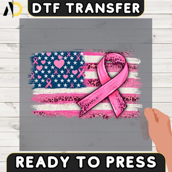 American Flag Breast Cancer DTF Transfer: Leopard Pink Ribbon Iron-On Decal