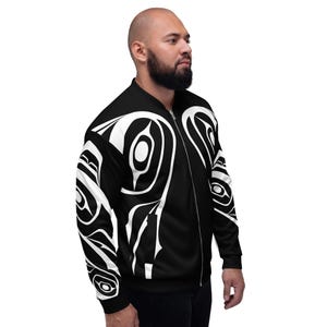 Spirit Animal Tribal Totem  Bomber Jacket Spirit Black and White  Eagle and Raven art by Tlingit Artist