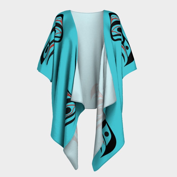 Eagle Raven Tlingit Haida Tribal Design Draped Kimono Teal