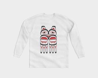 Tlingit Northwest Eagle Totem Art on White Long Sleeve T-Shirt Red and Black Design