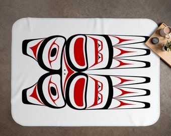 Tlingit Northwest Eagle Red & Black Totem Art on White Blanket With Black Stitching