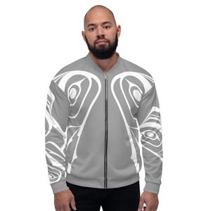 Indigenous Spirit Animal Tribal Print Grey and White Bomber Jacket Spirit Totems Eagle and Raven art by Tlingit Artist