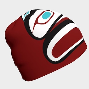Tlingit Northwest Eagle Totem Art Beanie Hat Alaskan Native Art Burgundy