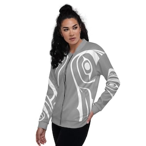 Soaring Spirit Tribal Print Grey and White Bomber Jacket Spirit Animal Totems Eagle and Raven art by Tlingit Artist