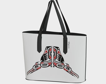 Grandfather's Hat Tlingit Thunderbird Totem Vegan Leather Tote on White