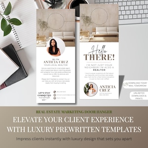 Puede incluir: Colgador de puerta de marketing inmobiliario con un diseño de lujo. El colgador de puerta presenta el texto "Hello There!" y "Hi, I'm Anticia Cruz, Your Local Realtor." El diseño incluye imágenes de una sala de estar y una mujer. También está presente el texto "Elevate Your Client Experience".