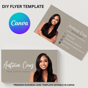 Puede incluir: Plantilla de tarjeta de visita prefabricada con una foto de una mujer, el nombre "Anticia Cruz" y la información de contacto. El logotipo de Canva está en un círculo azul y morado. El texto en la parte superior dice "DIY FLYER TEMPLATE".