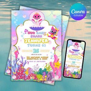 Invito di compleanno modificabile per Baby Shark, invito di compleanno per bambino e bambina, invito di compleanno per bambini, invito per la festa di Baby Shark, Canva modificabile