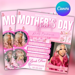 Volantino per la prenotazione della festa della mamma, volantino speciale per la festa della mamma, post sui social media per la festa della mamma, offerte per la festa della mamma, trecce, trucco, Canva modificabile