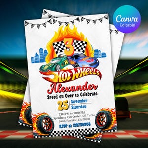 Faire-part d'anniversaire modifiable Hot Wheels, invitation d'anniversaire de voitures de course chaudes, modèle de fête d'anniversaire de voiture de course Hot Wheels, toile modifiable