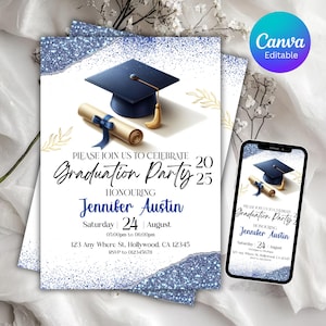 Graduierung Party Einladung, Klasse von 2025 einladen, blaue Graduierung Ankündigung, selbst bearbeitbarer digitaler Download, druckbare Abschlusskarte