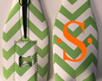 Best monogrammed bottle insulator with opener BUILT RIGHT IN ever! Lime green chevron