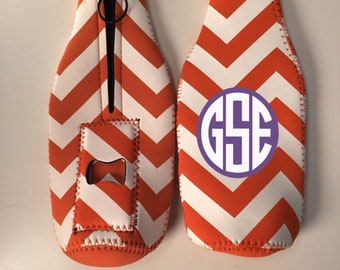 Best monogrammed bottle insulator with opener BUILT RIGHT IN ever! Orange and white chevron