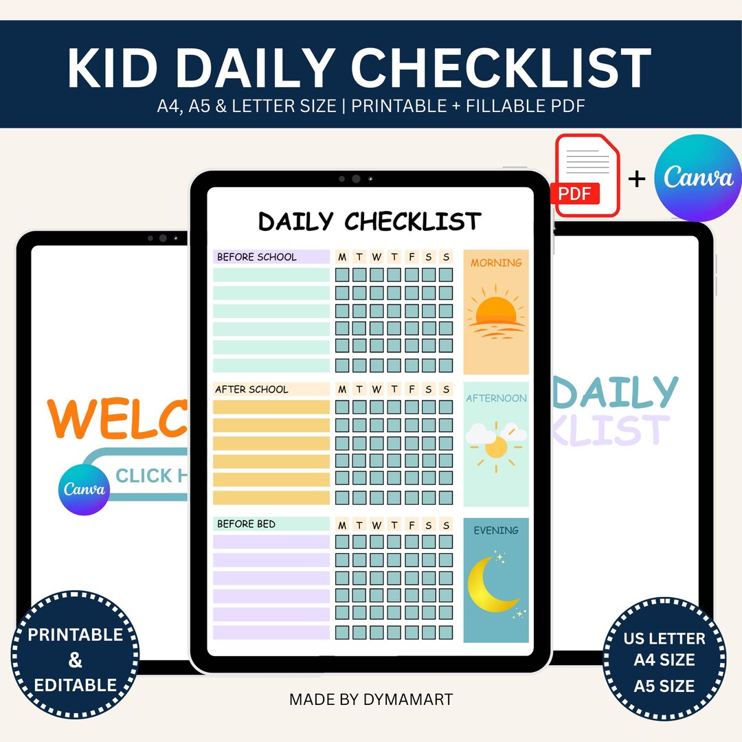 Kids Daily Checklist Printable Routine Chart Canva Editable A4 A5 US ...