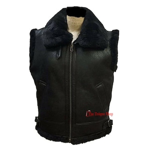 Men&#39;s Black Bomber Real Genuine Leather Art Fur Shearling Sheepskin Leather Vest For Men
