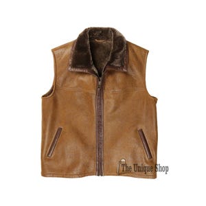 Handmade Men&#39;s 100% Genuine Real Sheepskin Brown Fur Shearling Leather Winter Waistcoat