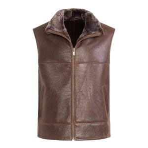 Men&#39;s Brown Shearling Leather vest Full Zip Closure Winter Waistcoat for Men