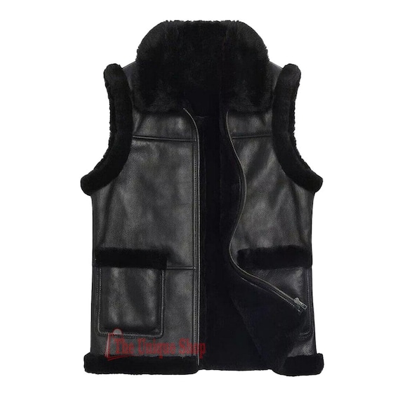 Lederweste Fell Gilet Herren Herren Schwarzes Echtes Schaffell