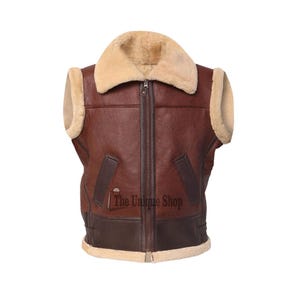 Handmade Men&#39;s Brown Real Leather Art Shearling Fur Vest Sheepskin Leather Jacket For Men
