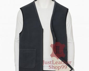 Men's Navy Sherpa Lined Vest – Genuine Leather, Fleece Interior