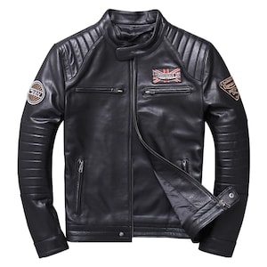 Men’s Black Biker Genuine Sheepskin Leather Stand Collar Quilted Design Moto Rider Leather Jacket