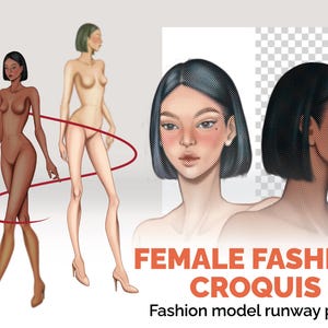 Op de afbeelding: Digitale illustratie van vrouwelijke mode croquis in verschillende poses. De afbeelding toont drie full-body figuren en twee hoofdportretten. De tekst "FEMALE FASHION CROQUIS" en "Fashion model runway pose" wordt in oranje weergegeven.