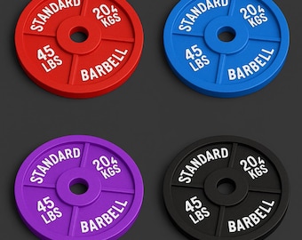 May include: Four circular weight plates in red, blue, purple, and black. Each plate features a central hole and raised white text reading STANDARD, 20.4 KGS, 45 LBS, and BARBELL. The plates have a smooth finish with a distinct three-spoke design.