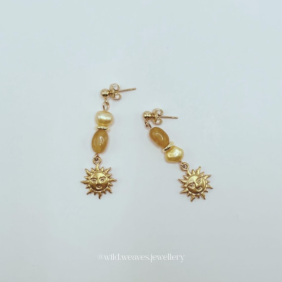 Gold Sun Pearl Earrings: Yellow Crystal Plated Stainless Steel Drops with Dyed Pearls, Handmade Celestial Festive Jewellery Gift for Her