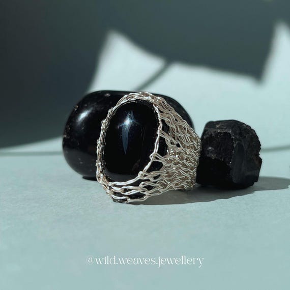 Silver Obsidian Statement Ring: Handmade Knitted 925 Plated Wire Gemstone Ring, Oval Birthstone Jewelry Gift for Her & Him