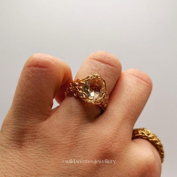 Gold Diamond Ring with Glass Gemstone: 18k Gold Plated Knitted Statement Cocktail Ring, Elegant Handmade Wire Wrapped Jewelry Gift for Her