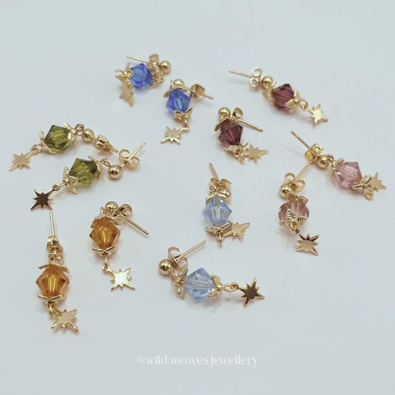 Gold Swarovski Star Earrings: Plated Stainless Steel Colourful Crystal Drops, Handmade Celestial Festive Jewellery Gift for Her & Family