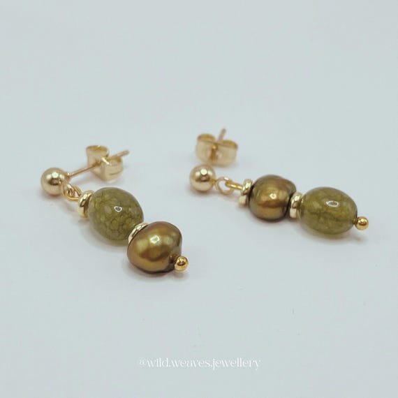 Dainty Moss Green Gold Earrings: Plated Stainless Steel Dangles with Dyed Pearls, Festive Handmade Jewellery Gifts for Her