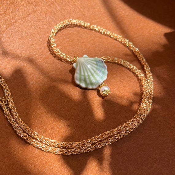Seashell Pearl Gold Necklace: 18k Plated Adjustable Layering Necklace, Mermaidcore Boho Jewelry Gift for Her