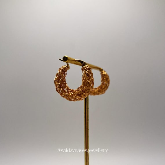 Hand-knitted Gold Hoop Earrings: 18k Gold plated Wire Huggies, Small Stainless Steel Statement Hoops, Handmade Jewellery Gifts for Her & Him