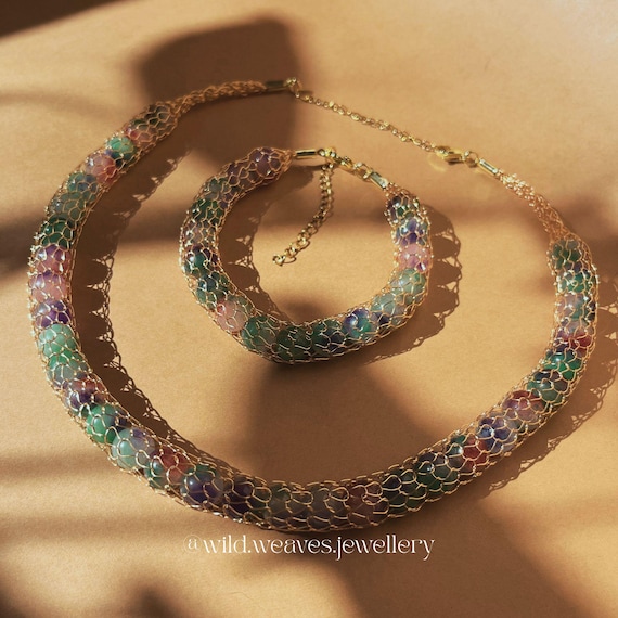Knitted Gold Agate Necklace: 18k Gold-Plated Wire, Green & Purple Natural Stone, Handmade Boho Jewelry Gift for Her