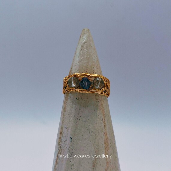 Knitted Multi Stone Ring with Labradorite: unique 18k gold plated wire purple Swarovski ring, handmade crystal jewellery gift for her