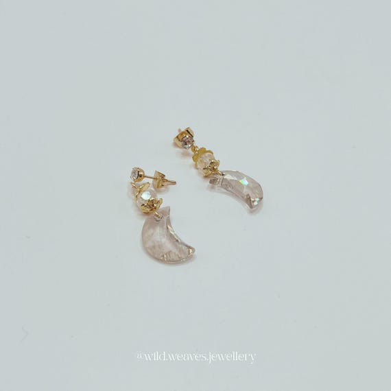 Gold Crystal Moon Earrings: Plated Clear Swarovski Drops, Handmade Celestial Festive Jewellery Gift for Her