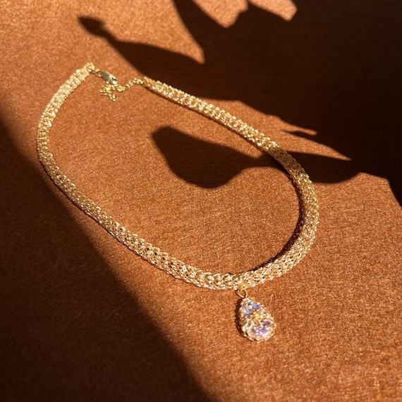 Gold Princess Choker Necklace: 18k Gold Plated Knitted Wire, Iridescent Teardrop Pendant