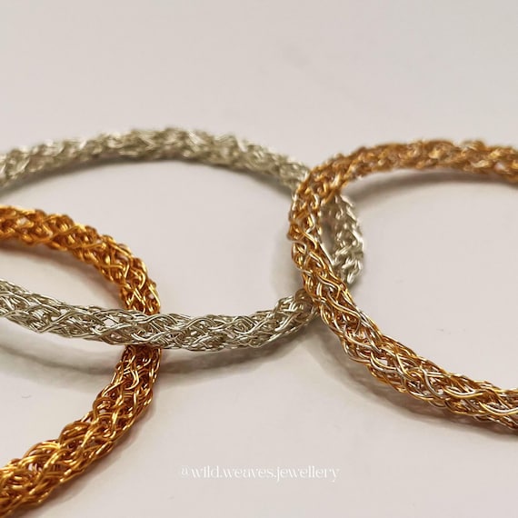 Handknitted Silver Bangle: 925 Sterling Silver Plated Bracelet, Gold or Mixed Metal Wire Filigree, Handmade Minimalist Unisex Jewelry Gift