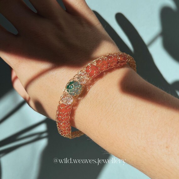 Orange & Green Beaded Bracelet: Gold Plated Wire Knit, Carnelian Amazonite Gemstones, Handmade Swiftie Showgirl Jewellery Gift for Her
