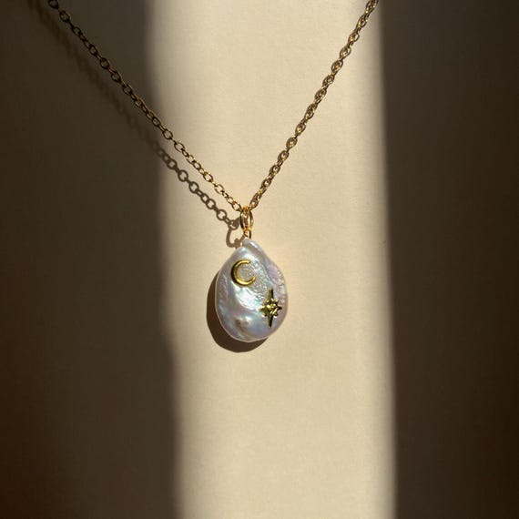 Keshi Pearl Necklace: Gold Moon Star Charm, Dainty Celestial Jewelry