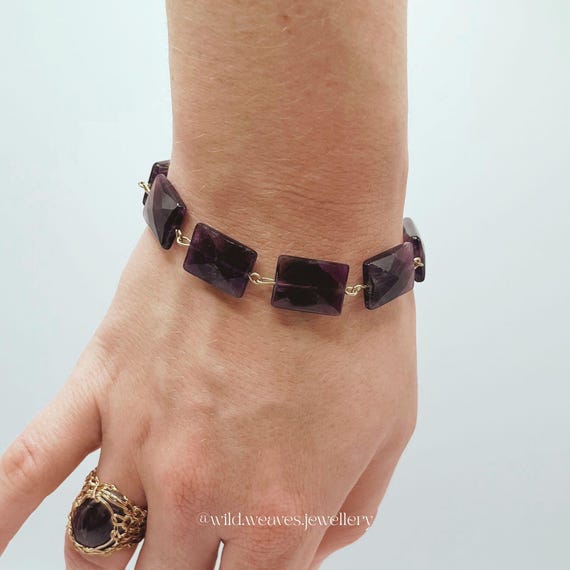 Elegant Amethyst Bracelet: 18k Gold Plated Rectangular Crystal Link Bracelet, Handmade Gemstone Statement Jewellery Gift For Her & Him